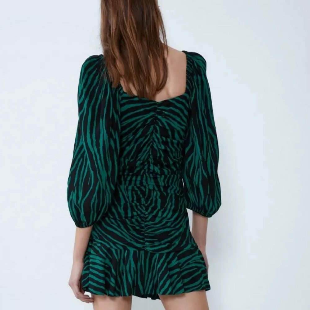 ZARA Mini Dress Ruffle Front Ruched Flare Zebra - Picture 4 of 10
